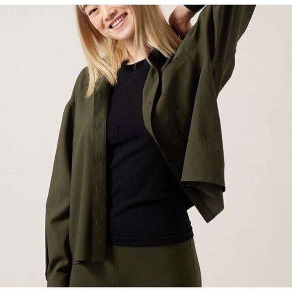 ATHLETA Cropped Stretch Tech Top‎ Long Sleeve Button Up Women 1X Olive - Picture 6 of 16